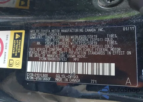 2011 Lexus Rx 350 из США, поврежденный, VIN 2T2BK1BA9BC097833